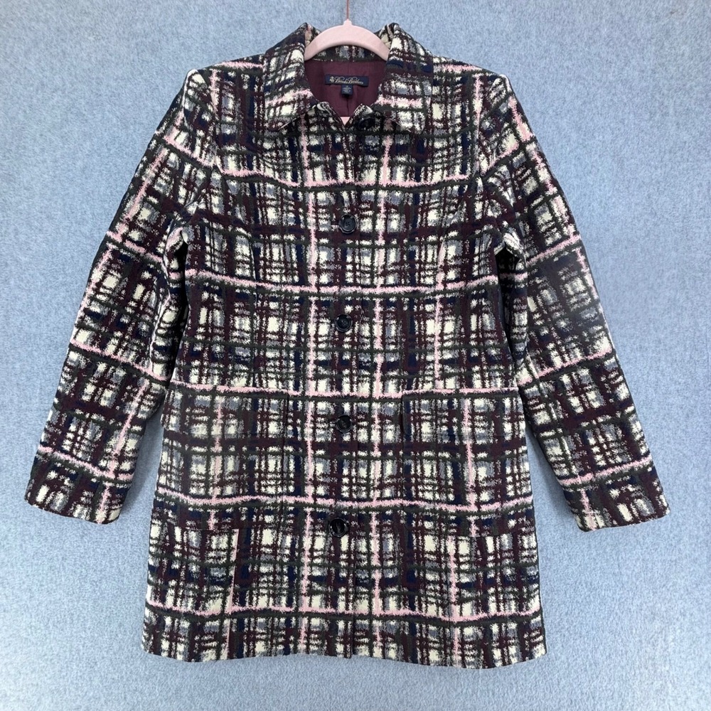 Brooks Brothers Plaid Tweed Print Mid Length Coat Women's Sz 14 Multicolor Italy